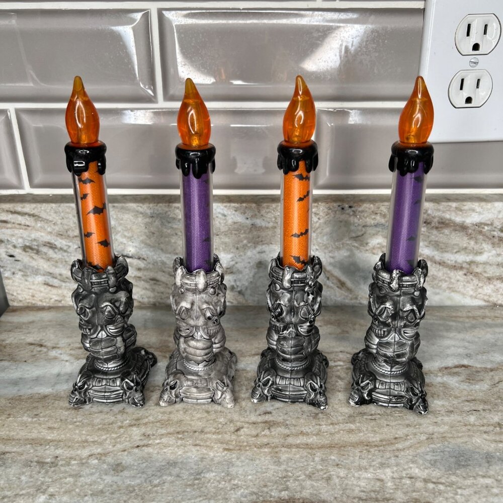 Set Of 4 Gothic Halloween LED Candles Skull Bases Orange & Purple READ